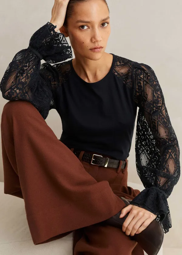 ME+EM Antique Lace Sleeve Layering Top Navy/Black