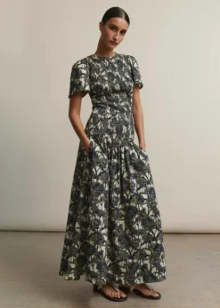 ME+EM Aster Print High-Waisted Maxi Skirt Cream/Navy/Khaki