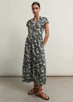 Discount ME+EM Aster Print Tiered Maxi Dress Cream/Navy/Khaki