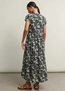 Discount ME+EM Aster Print Tiered Maxi Dress Cream/Navy/Khaki