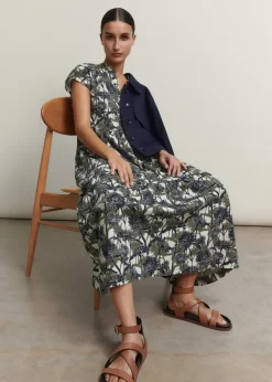 Discount ME+EM Aster Print Tiered Maxi Dress Cream/Navy/Khaki