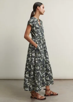 Discount ME+EM Aster Print Tiered Maxi Dress Cream/Navy/Khaki