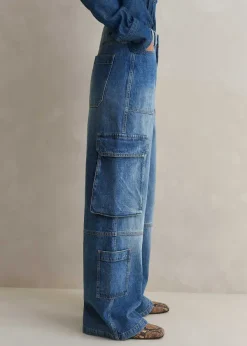 Discount ME+EM Baggy Cargo Denim Trouser Mid Blue