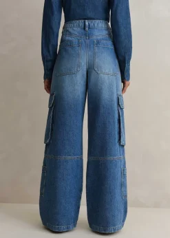 Discount ME+EM Baggy Cargo Denim Trouser Mid Blue