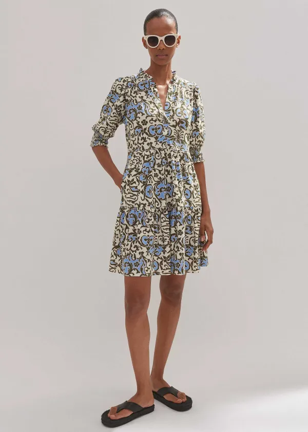 Sale ME+EM Batik Floral Print Short Slub Dress Cream/Blue/Olive
