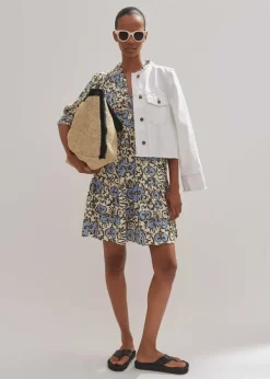 Sale ME+EM Batik Floral Print Short Slub Dress Cream/Blue/Olive
