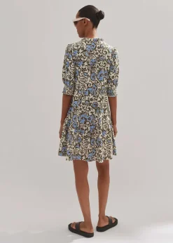 Sale ME+EM Batik Floral Print Short Slub Dress Cream/Blue/Olive