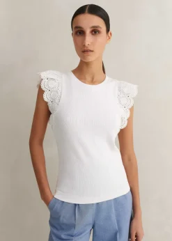 Sale ME+EM Broderie Trim Tank Top Soft White