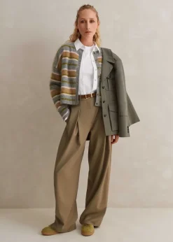 Discount ME+EM Brushed Cashmere Crew Neck Stripe Cardigan Grey Multi