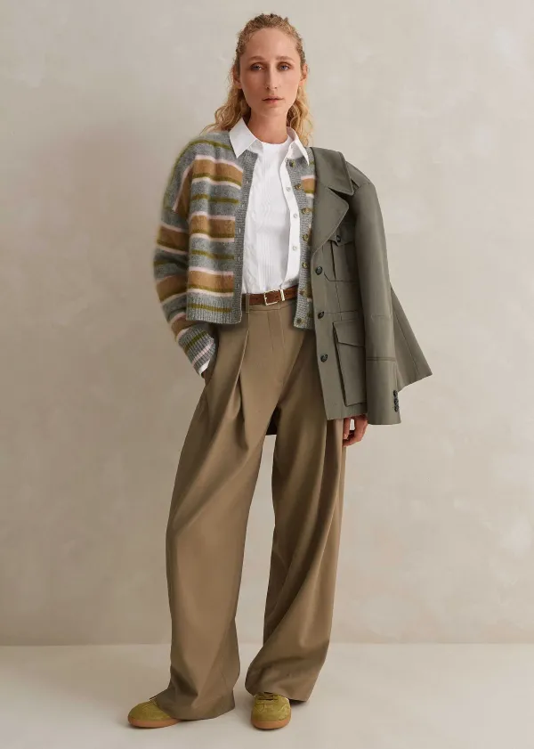Discount ME+EM Brushed Cashmere Crew Neck Stripe Cardigan Grey Multi