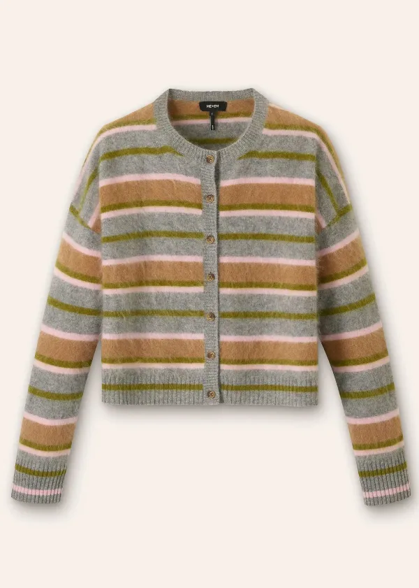 Discount ME+EM Brushed Cashmere Crew Neck Stripe Cardigan Grey Multi