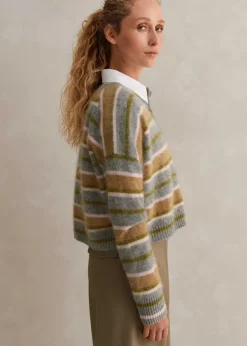 Discount ME+EM Brushed Cashmere Crew Neck Stripe Cardigan Grey Multi