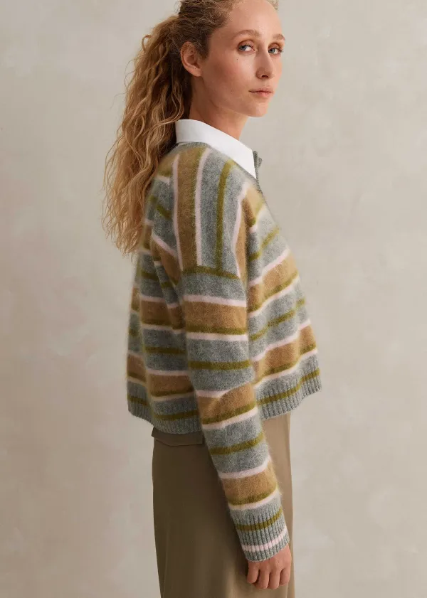 Discount ME+EM Brushed Cashmere Crew Neck Stripe Cardigan Grey Multi