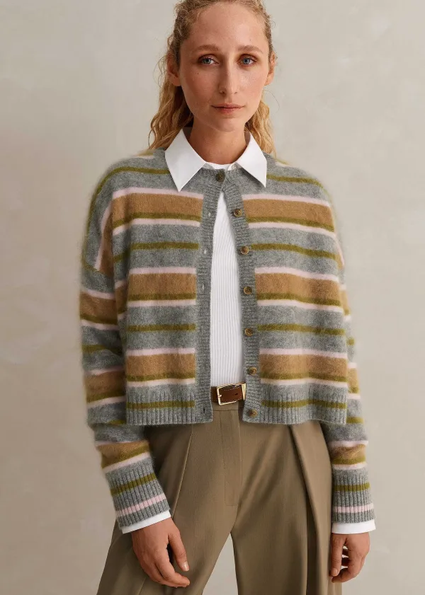 Discount ME+EM Brushed Cashmere Crew Neck Stripe Cardigan Grey Multi