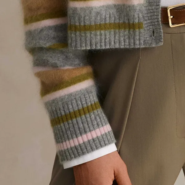 Discount ME+EM Brushed Cashmere Crew Neck Stripe Cardigan Grey Multi