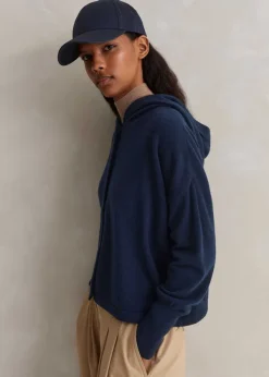 Discount ME+EM Cashmere Drop Shoulder Box Crop Hoody Dark Navy