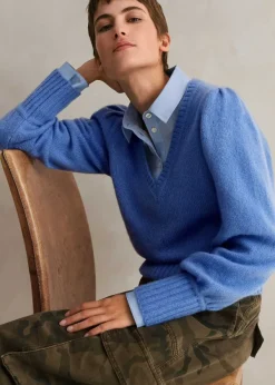 New ME+EM Cashmere Silk V-Neck Jumper Cornflower Blue