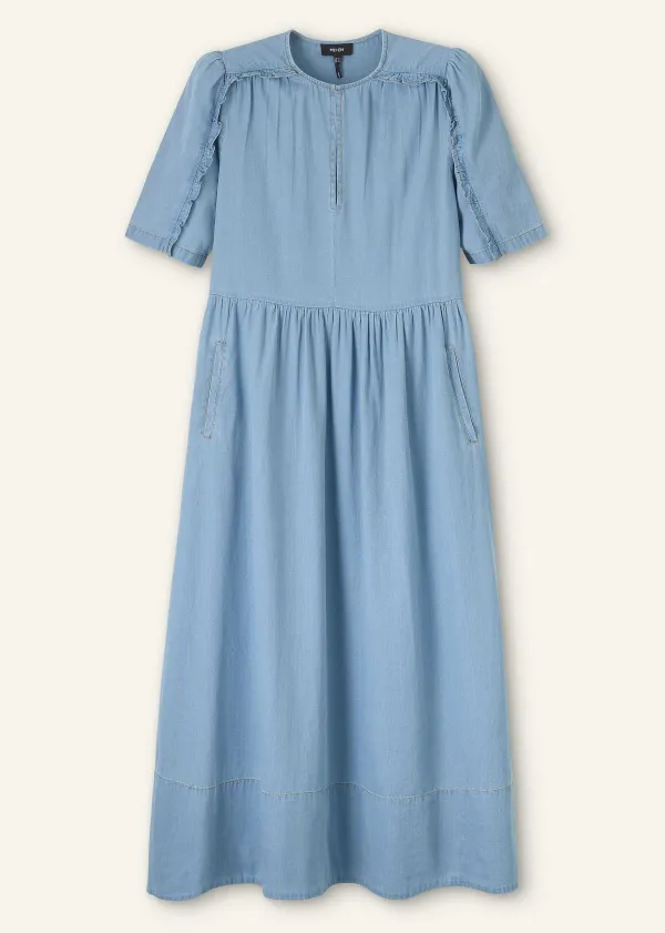 Clearance ME+EM Chambray Relaxed Ruffle Midi Dress Blue