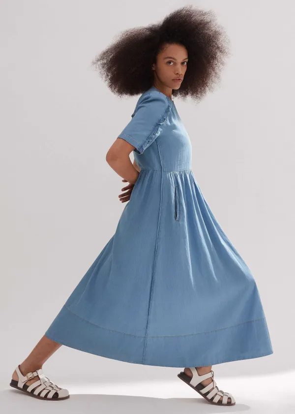 Clearance ME+EM Chambray Relaxed Ruffle Midi Dress Blue