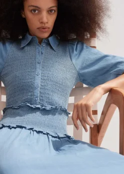 Best ME+EM Chambray Shirred Maxi Shirt Dress Blue