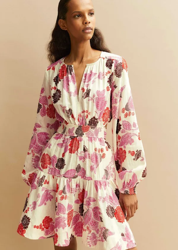 Sale ME+EM Cheesecloth Bali Print Fit And Flare Dress Cream/Pink/Multi