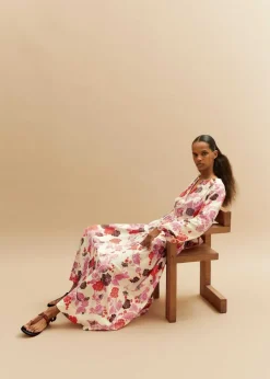 New ME+EM Cheesecloth Bali Print Full-Length Dress Cream/Pink/Multi