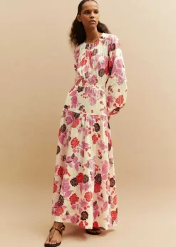 New ME+EM Cheesecloth Bali Print Full-Length Dress Cream/Pink/Multi