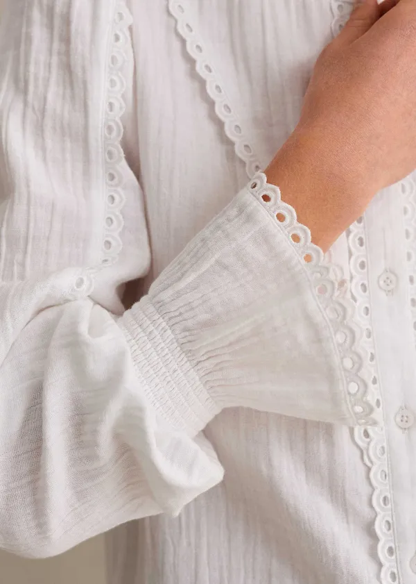 Sale ME+EM Cheesecloth Broderie Trim Blouse Soft White