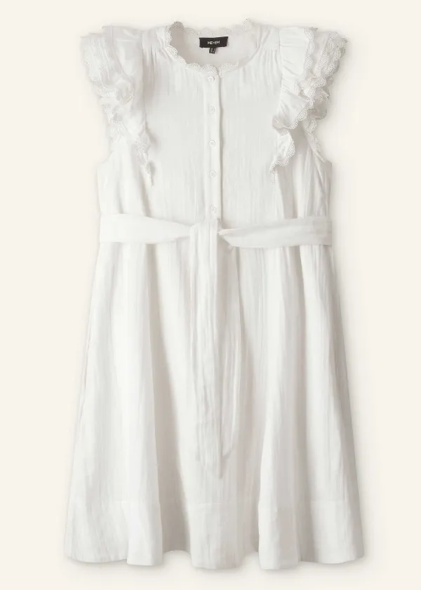 Online ME+EM Cheesecloth Frill Short Swing Dress + Belt Soft White