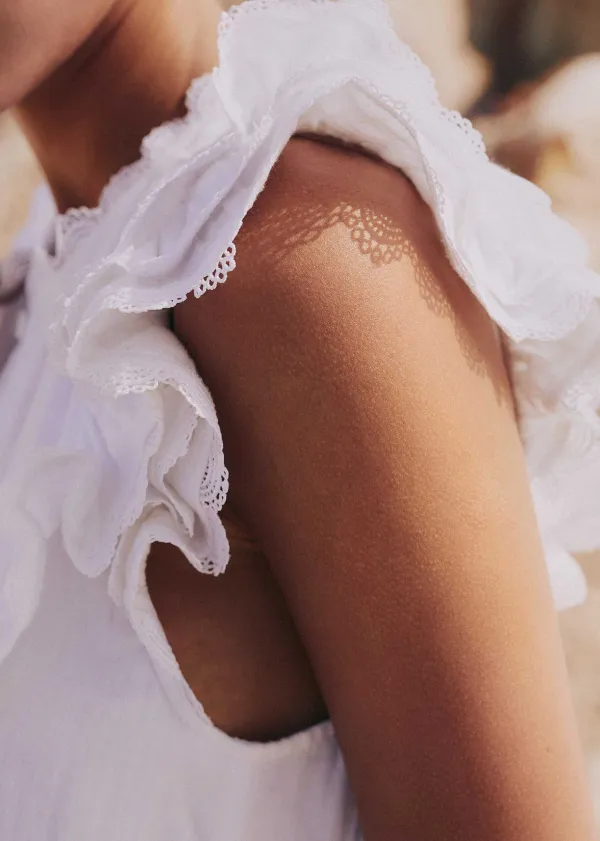 Online ME+EM Cheesecloth Frill Short Swing Dress + Belt Soft White