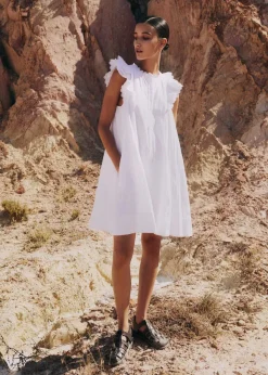Online ME+EM Cheesecloth Frill Short Swing Dress + Belt Soft White