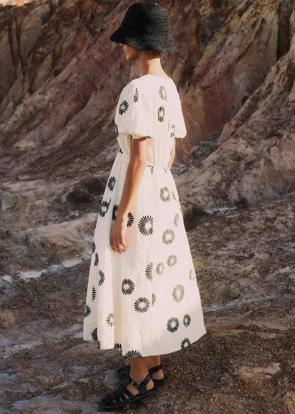 Hot ME+EM Cheesecloth Modern Daisy Print Midi Dress Cream/Black