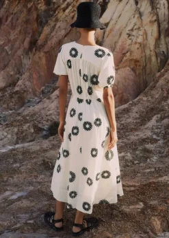 Hot ME+EM Cheesecloth Modern Daisy Print Midi Dress Cream/Black
