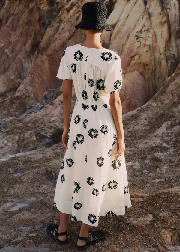 Hot ME+EM Cheesecloth Modern Daisy Print Midi Dress Cream/Black