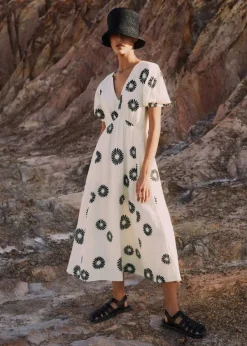 Hot ME+EM Cheesecloth Modern Daisy Print Midi Dress Cream/Black