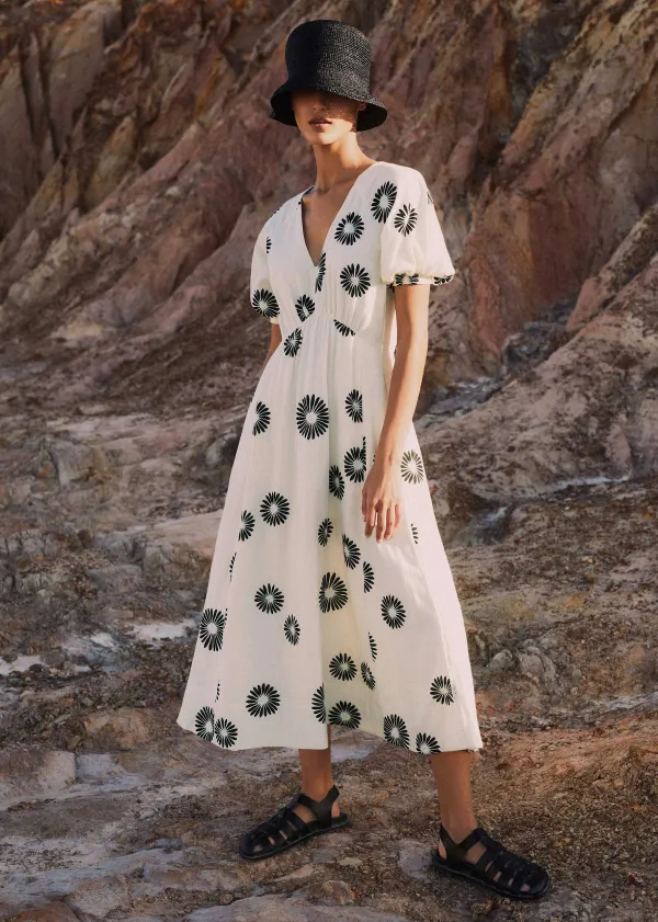 Hot ME+EM Cheesecloth Modern Daisy Print Midi Dress Cream/Black