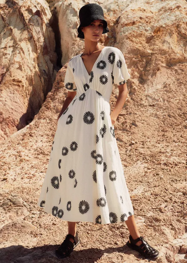 Hot ME+EM Cheesecloth Modern Daisy Print Midi Dress Cream/Black