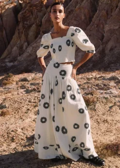 Clearance ME+EM Cheesecloth Modern Daisy Print Maxi Skirt Cream/Black
