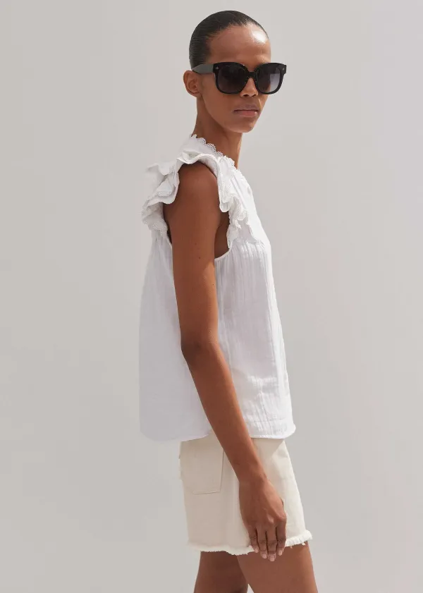 New ME+EM Cheesecloth Ruffle Sleeveless Blouse Soft White