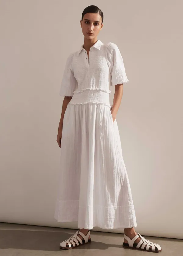 Sale ME+EM Cheesecloth Shirred Maxi Shirt Dress Soft White