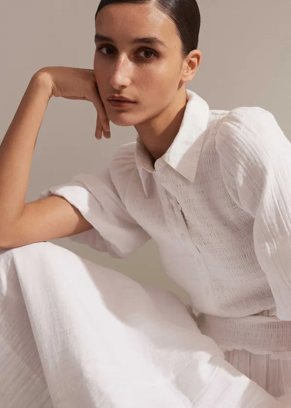 Sale ME+EM Cheesecloth Shirred Maxi Shirt Dress Soft White