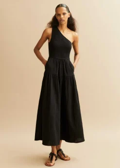 Clearance ME+EM Cheesecloth Shirred One Shoulder Maxi Dress Black