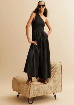 Clearance ME+EM Cheesecloth Shirred One Shoulder Maxi Dress Black