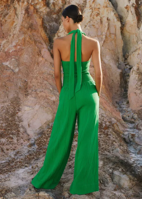 Clearance ME+EM Cheesecloth Shirred Wide-Leg Jumpsuit Spring Green