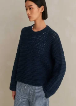 ME+EM Chunky Cotton Open Stitch Box Jumper Navy