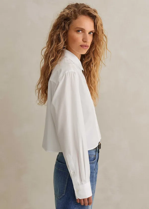 Sale ME+EM Cotton Bib Detail Crop Shirt White