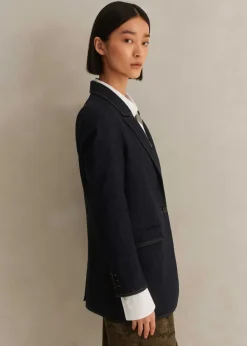 New ME+EM Cotton Blend Denim Sharp Shoulder Blazer Indigo