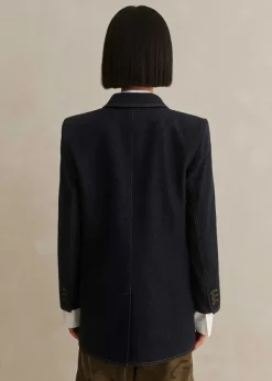 New ME+EM Cotton Blend Denim Sharp Shoulder Blazer Indigo