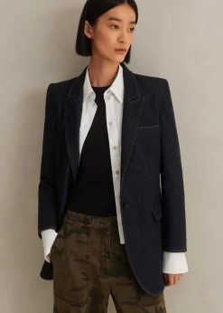 New ME+EM Cotton Blend Denim Sharp Shoulder Blazer Indigo