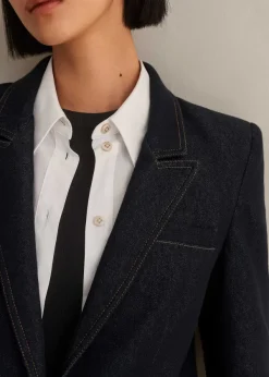 New ME+EM Cotton Blend Denim Sharp Shoulder Blazer Indigo